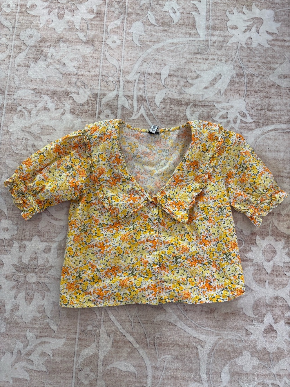 Yellow Floral Ruffle-Trim Button Front Blouse Size M cropped